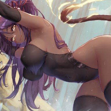 bleach, shihouin yoruichi, mitsu art, 1girls, animal ears, backless leotard, bent over, black leotard, breasts, cat ears, cat tail, covered erect nipples, covered navel, dark-skinned female, dark skin