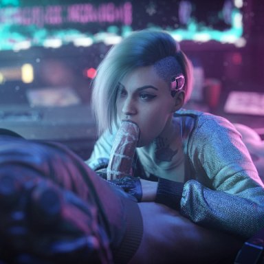 cyberpunk 2077, judy alvarez, v (cyberpunk 2077), vincent (cyberpunk 2077), ceeeeekc, 1boy, 1girls, blowjob, clothed female, clothed sex, cum, cum drip, cum in cleavage, cum in mouth, cum on body