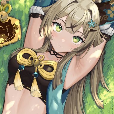 genshin impact, kirara (genshin impact), animal ears, animal humanoid, armpits, blonde hair, cat ears, female, green eyes, looking at viewer, tummy