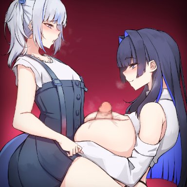 hololive, hololive english, gawr gura, ouro kronii, rikuguma, 1futa, 1girls, areolae, bed, big breasts, big penis, black hair, blush, bottomless, breasts