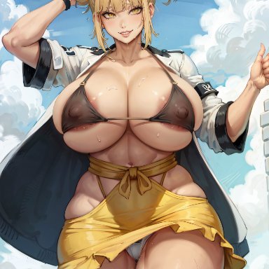 my hero academia, himiko toga, hpeq, stable diffusion, areolae, bangs, beach, big areola, big ass, big breasts, big butt, big nipples, bikini top, blonde hair, bracelet