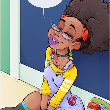 original, sparrow, 1girls, afro, braces, clothed, collar, dark-skinned female, dark skin, female, glasses, nerd, nerdy female, sitting, solo