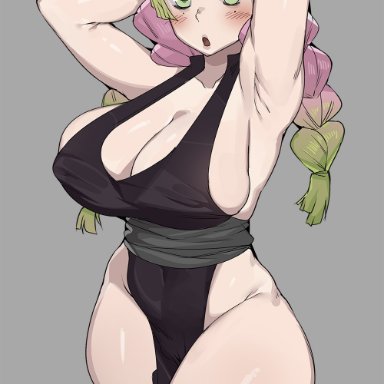 demon slayer, kimetsu no yaiba, kanroji mitsuri, bobtheneet, 1girls, armpits, arms up, breasts, cleavage, female, green eyes, green hair, hips, huge breasts, light-skinned female