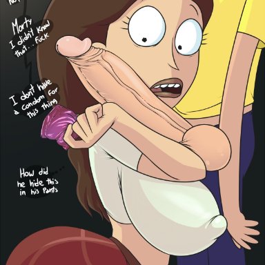 adult swim, rick and morty, morty smith, tricia lange, madmark, 1boy, 1girls, balls, big breasts, big penis, brown hair, cock shock, condom, condom wrapper, eyebrows