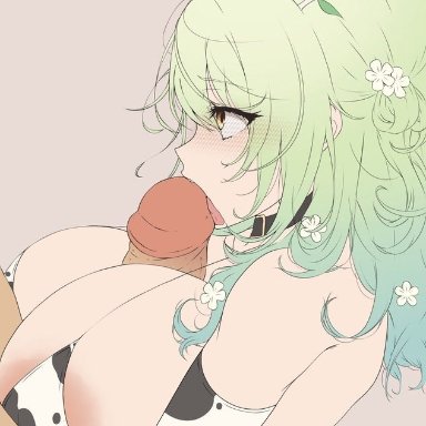 hololive, hololive english, hololive english -council-, ceres fauna, naoillus, 1girls, blowjob, collar, cow print, faceless human, flowers in hair, kissing penis, large breasts, long hair, looking at partner