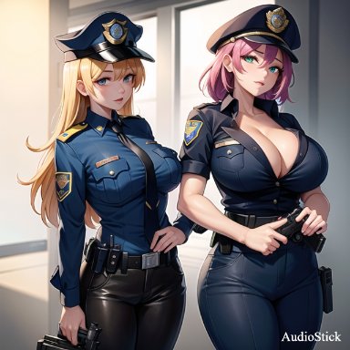 audiostick, stable diffusion, 2girls, ai hands, belt, blonde hair, blue eyes, blush, breasts, buttoned shirt, cleavage, cop, hand on hip, huge breasts, jeans