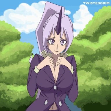 tensei shitara slime datta ken, twistedgrim, big breasts, bouncing breasts, clothing, flashing, horn, nipples, pink nipples, ponytail, purple eyes, purple hair, violet eyes, violet hair, animated