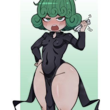 tatsumaki, pipi (artist), angry, angry face, black dress, female, female only, green hair, no panties, panties, shortstack