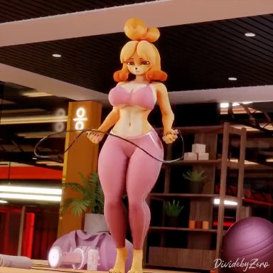 animal crossing, nintendo, isabelle (animal crossing), dividebyzero, alternate body type, anthro, big breasts, bouncing breasts, breasts, canid, canine, canis, cleavage, clothed, clothing