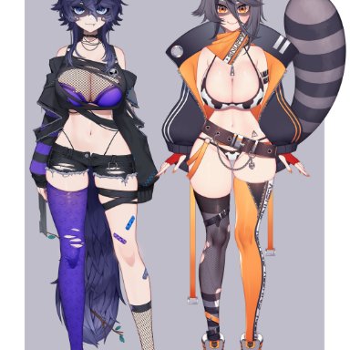 snuffy, snuffy (vtuber), nanoless, 2girls, alternate breast size, alternate costume, animal ears, animal print, asymmetrical legwear, bandage, bandaged leg, before and after, belt, big breasts, bikini