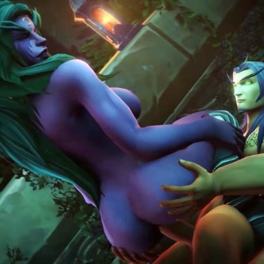 heroes of the storm, world of warcraft, blood elf, itthilian, night elf, tyrande whisperwind, bombowykurczak, munt works, 1boy, 1girls, areolae, breasts, cheating, completely nude, cowgirl position