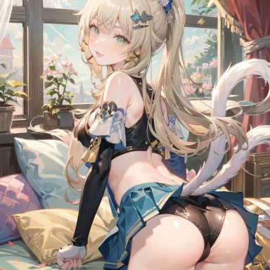 genshin impact, kirara (genshin impact), animal ears, ass, bare shoulders, blonde hair, blush, breasts, cameltoe, cat ears, cat tail, detached sleeves, female, from behind, hair flower