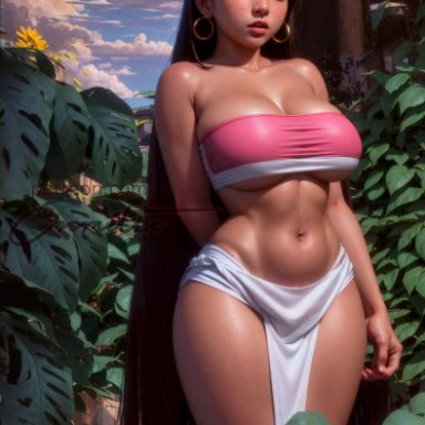 dreamworks, the road to el dorado, chel, stable diffusion, aztec, big breasts, black hair, cleavage, curvy, dark-skinned female, earrings, exotic, forest, freckles, huge breasts