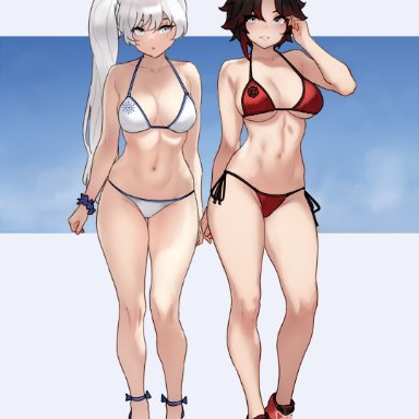 rwby, ruby rose, weiss schnee, bluefield, 2girls, alternate breast size, bikini, blue eyes, blush, breasts, casual, clothing, female, footwear, human