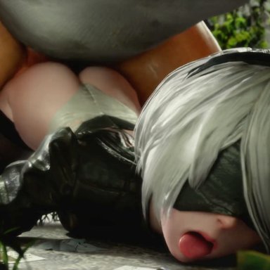 nier: automata, nier (series), platinum games, square enix, yorha 2b, kaogum, 1boy, 1girls, android, blindfold, clothed, doggy style, hairband, large ass, large penis