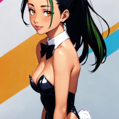 pokemon, pokemon sv, nemona (pokemon), stable diffusion, 1girls, black hair, bunny ears, bunnysuit, cleavage, dark-skinned female, freckles, green hair, hazel eyes, looking at viewer, multicolored hair