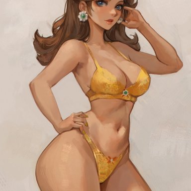 mario (series), nintendo, princess daisy, cinderone, 1girls, big breasts, blue eyes, bra, breasts, brown hair, crown, ear piercing, earrings, female, female only