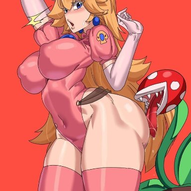 mario (series), piranha plant, princess peach, gamjasssak, 1girls, ass, big ass, blonde hair, blue eyes, breasts, elbow gloves, female, gloves, huge breasts, leotard