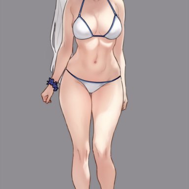 rwby, weiss schnee, bluefield, 1girls, bikini, blue eyes, breasts, female, long hair, looking at viewer, medium breasts, side ponytail, slim body, white hair, simple background