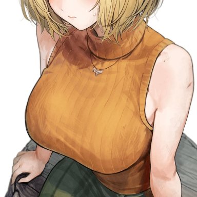 resident evil, resident evil 4, ashley graham, marse (rokudaime), arm support, bare arms, bare shoulders, barrel, black pantyhose, blonde hair, blue eyes, blush, breasts, closed mouth, crossed legs