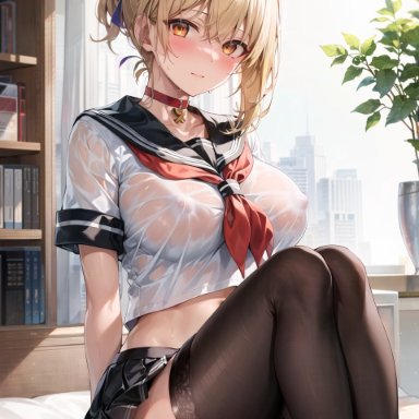 genshin impact, yoimiya (genshin impact), stable diffusion, 1girls, blonde hair, blush, breasts, female, indoors, large breasts, light-skinned female, light skin, looking at viewer, medium hair, ponytail