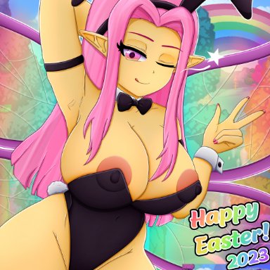 easter, terraria, empress of light, depthsofmind, 1girls, areolae, areolae slip, arm up, armlet, armpits, bare shoulders, big ass, big breasts, bowtie, breasts