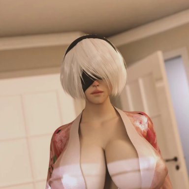 nier, nier: automata, yorha 2b, bradengts, 1girls, big breasts, blindfold, breast expansion, breasts, expansion, female, female only, giantess, giantess growth, growing out of clothes