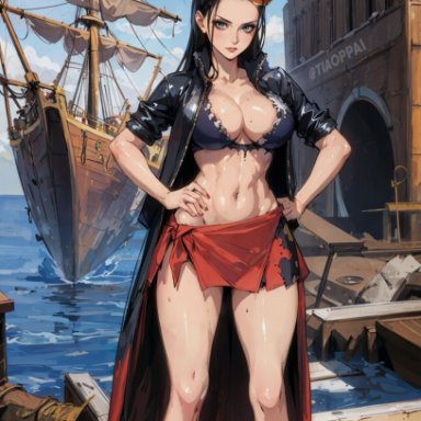 one piece, nico robin, stable diffusion, 1girls, curvaceous, curvy body, curvy female, curvy figure, female focus, female only, huge breasts, long hair, looking at viewer, seductive look, skirt