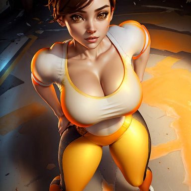 blizzard entertainment, overwatch, lena oxton, tracer, fr34ky, stable diffusion, 1girls, big breasts, cleavage, curvy, curvy body, curvy female, curvy figure, female, female only