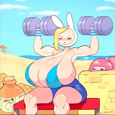 adventure time, fionna the human girl, princess bubblegum, bulumble-bee, 2girls, beach, bench, biceps, big breasts, blonde hair, blush, breasts, cleavage, clothed, clothes