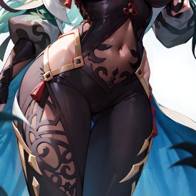 genshin impact, shenhe (genshin impact), stable diffusion, bodysuit, breasts, curvy, curvy figure, hip focus, hips, large breasts, thick thighs, wide hips, ai generated