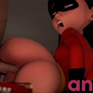 disney, the incredibles, violet parr, anaru, 1boy, 1girls, anal, ass jiggle, beer, black hair, bottomless, butt jiggle, exposed pussy, faceless male, gloves