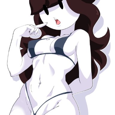 jaiden animations, youtube, jaiden, sebasdono, bangs, belly button, bikini, brown hair, cameltoe, hand behind back, long hair, medium breasts, mob face, open mouth, string bikini