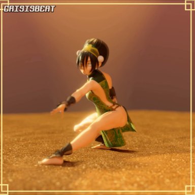 avatar the last airbender, toph bei fong, crisisbeat, anklewear, barefoot, casual, china dress, clothing, female, fighting stance, human, martial arts, no bra, no panties, no underwear