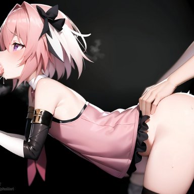 fate (series), astolfo (fate), shadyfox, stable diffusion, 3boys, anal, arched back, ass, bangs, bare shoulders, black background, black bow, black legwear, blush, bow