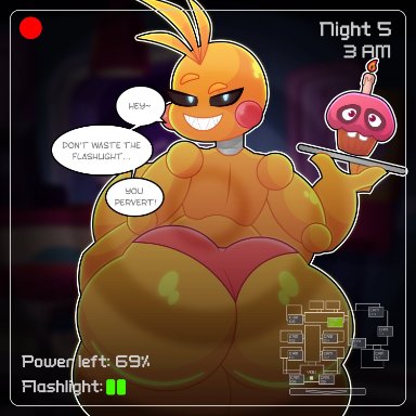 five nights at freddy's, fnaf, chica (fnaf), toy chica (fnaf), phantom sempai, animatronic, ass, chicken, cupcake, female, huge ass, huge breasts, english text