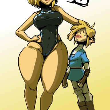 tears of the kingdom, the legend of zelda, link, princess zelda, zelda (breath of the wild), tail-blazer, 1boy, 1girls, big breasts, blonde hair, breasts, female, fully clothed, height difference, huge thighs