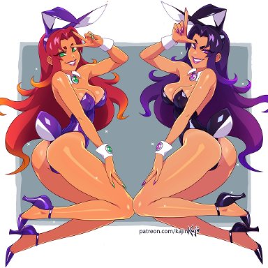 dc, teen titans, blackfire, komand'r, koriand'r, starfire, kajinman, alien, alien girl, alien look like human, alien only, ass, breasts, bunny ears, bunny tail