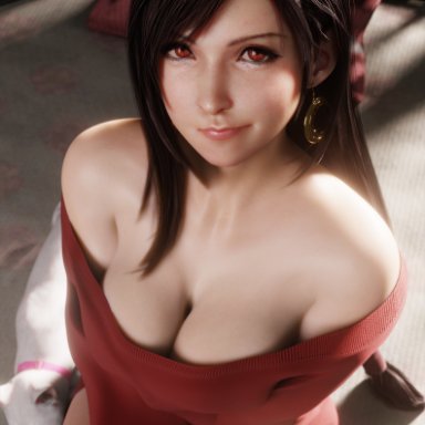 final fantasy, final fantasy vii, tifa lockhart, billyhhyb, 1girls, black hair, breasts, cat, cleavage, clothing, collarbone, earrings, female, kneeling, looking at viewer