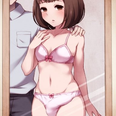 wataya 2, 2boys, arm on shoulder, bra, brown eyes, brown hair, bulge, bulge through clothing, clothed, femboy, lingerie, medium hair, mirror, panties, penis in panties