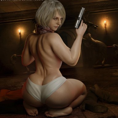 resident evil, resident evil 4, resident evil 4 remake, ashley graham, ashley graham (ella freya), cursedmadara, ass, barefoot, blonde hair, bubble butt, butt crack, butt squish, clothing, dat ass, fat ass