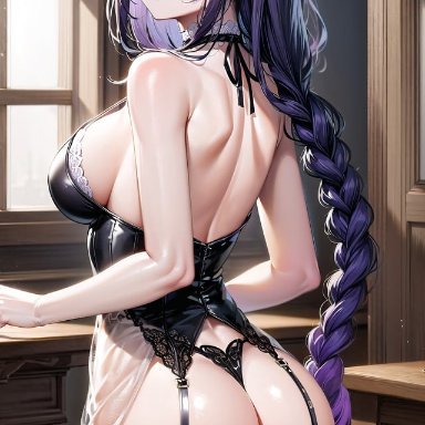 genshin impact, raiden shogun, 1girls, bubble butt, butterfly, female only, goddess, huge ass, huge breasts, lingerie, purple eyes, purple hair, seductive, seductive look, stockings