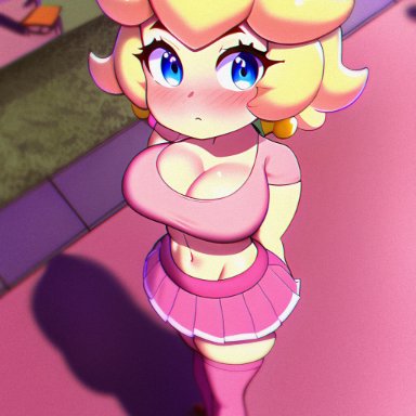mario (series), nintendo, princess peach, 1girls, blonde hair, blue eyes, blush, breasts, cleavage, clothing, crop top, crown, female, female only, from above