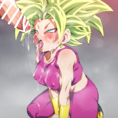 dragon ball, dragon ball super, kefla, rom, rom (20), 1boy, blue eyes, blush, boots, breasts, covered nipples, crop top, cum, cum in mouth, cum on body