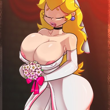 mario (series), nintendo, super mario bros. (2023 film), princess peach, 5tflldartist5, 1girls, areola slip, areolae, ass, big breasts, big lips, blonde hair, bouquet, breasts, cleavage