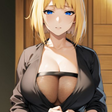 naruto, naruto (series), naruto shippuden, samui, desenhista fans, nai diffusion, stable diffusion, 1girls, bare chest, big breasts, blonde hair, blue eyes, blunt bangs, blush, bob cut