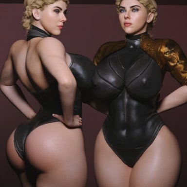 atomic heart, left (atomic heart), right (atomic heart), scarlett johansson, the twins (atomic heart), rude frog, 2girls, blonde hair, blue eyes, breasts, female, female only, large breasts, looking at viewer, wide hips