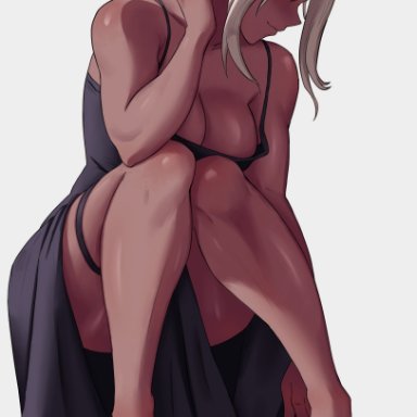 my hero academia, miruko, rumi usagiyama, shadertoons, 1girls, alternate costume, alternate hairstyle, animal ears, bare arms, bare legs, bare shoulders, black dress, black footwear, blush, breasts