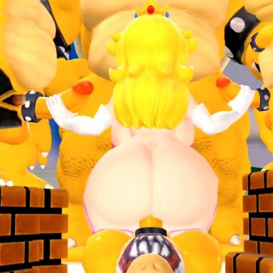 mario (series), nintendo, super mario bros., bowser, bowser jr., koopa, koopaling, lemmy koopa, princess peach, roy koopa, lovemilliesm, 1girls, 4boys, ass, blonde hair