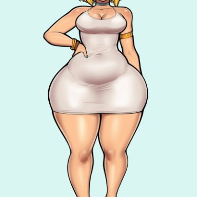 nintendo, tears of the kingdom, the legend of zelda, princess zelda, zelda (breath of the wild), mrpotatoparty, 1girls, ass bigger than head, blonde hair, blush, bottom heavy, cleavage, high heels, huge hips, looking at viewer